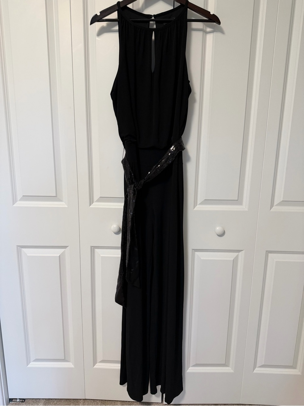 White House Black Market Black Wide Leg Jumpsuit Sequin Sash Belt XL